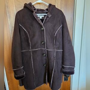Coldwater Creek Coat Medium Sz 10-12 Brown Faux Shearling Suede Fur Winter Coat